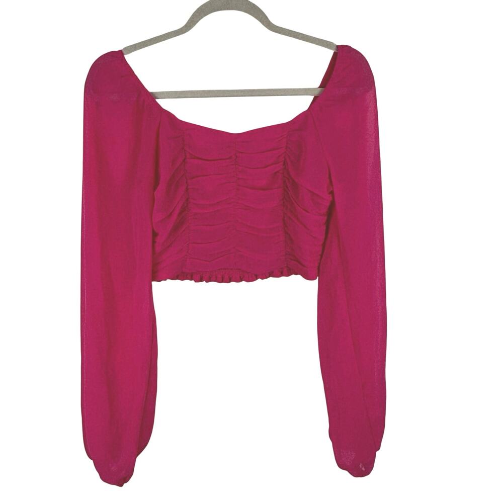 Altar’d State XS Ruched Crop Top | Hot Pink | Sheer Long Sleeves
